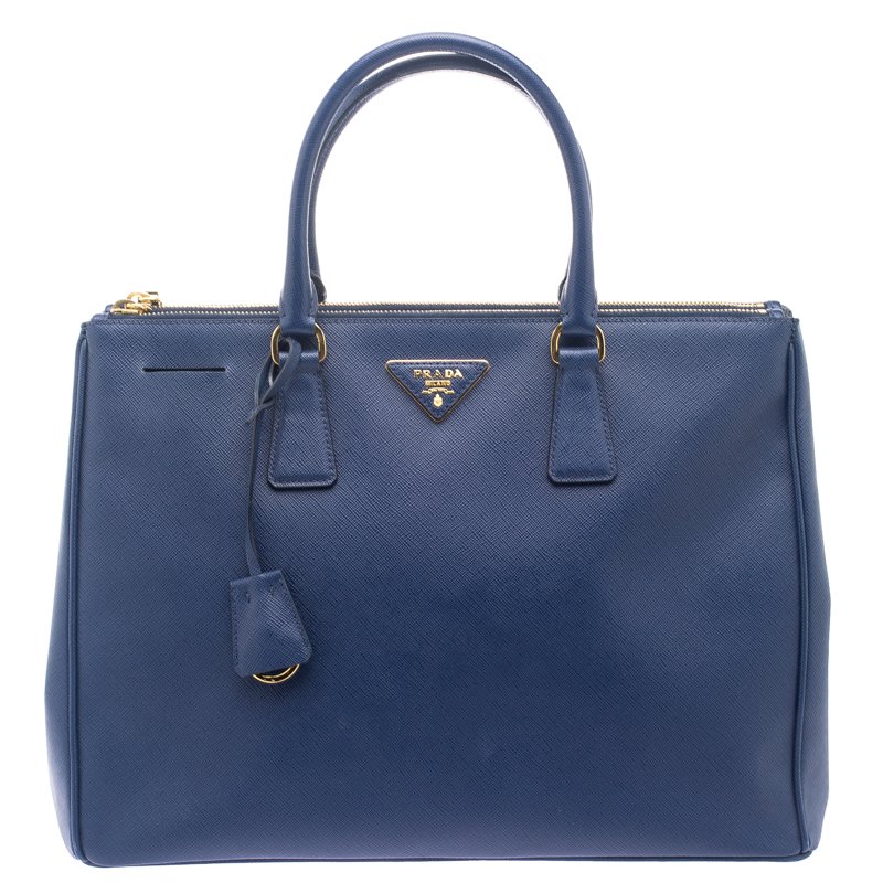 Prada Blue Saffiano Lux Leather Large Double Zip Tote