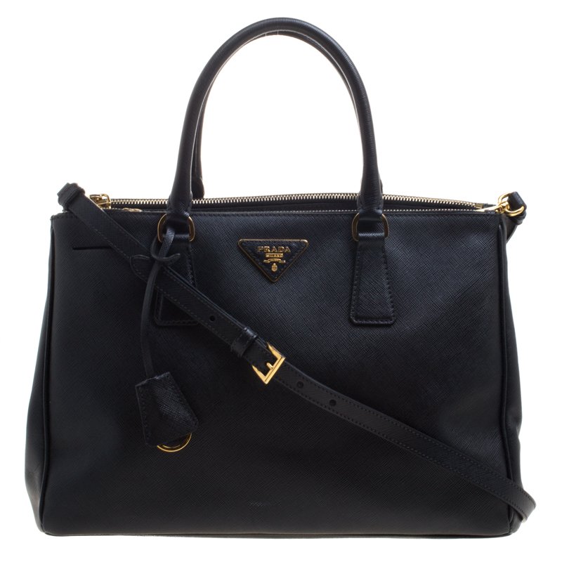 Pre Owned Prada Black Saffiano Lux Leather Double Zip Tote