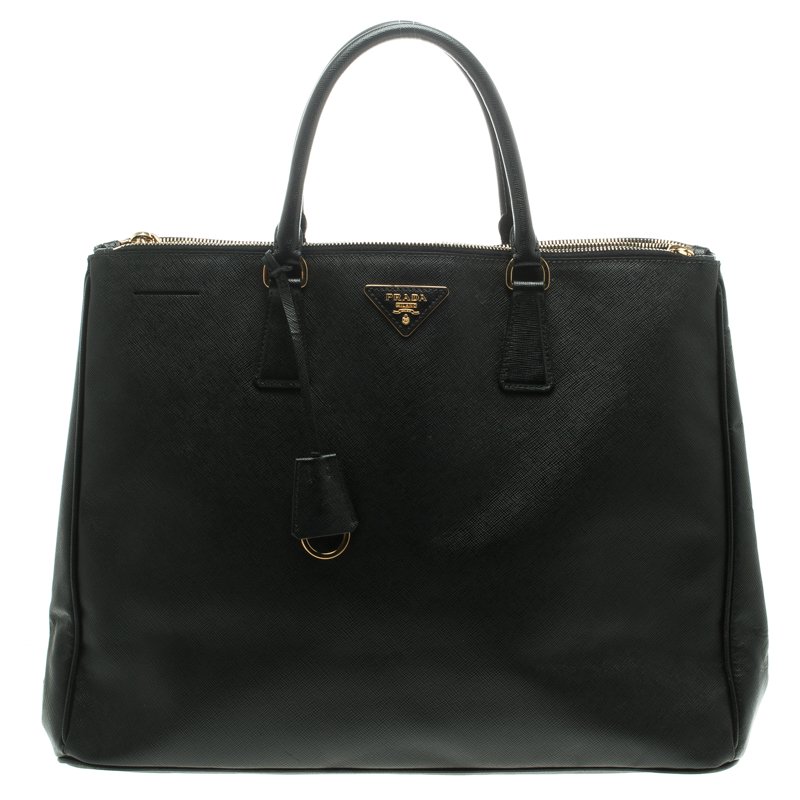 Pre Owned Prada Black Saffiano Lux Leather Executive Double Zip Tote