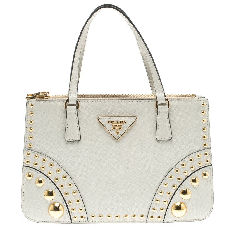 Pre Owned Prada Off White Saffiano Leather Studded Double Zip Tote
