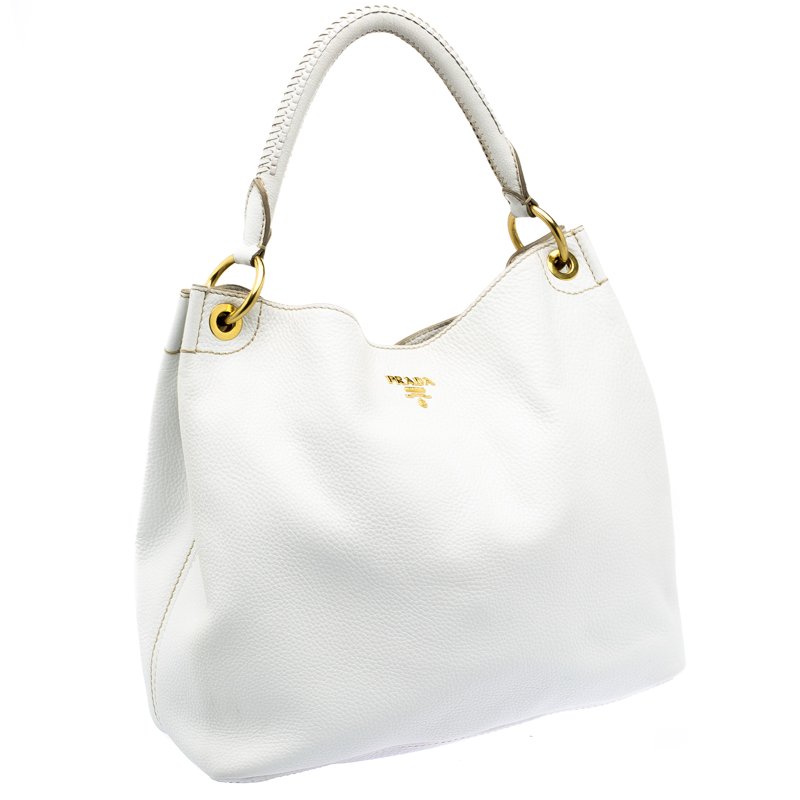 Prada White Vitello Daino Leather Hobo