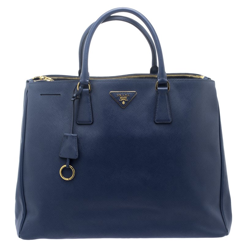 Pre Owned Prada Blue Saffiano Lux Leather Double Zip Executive Tote