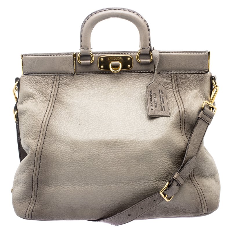 Pre Owned Prada Grey Cervo Leather Frame Tote