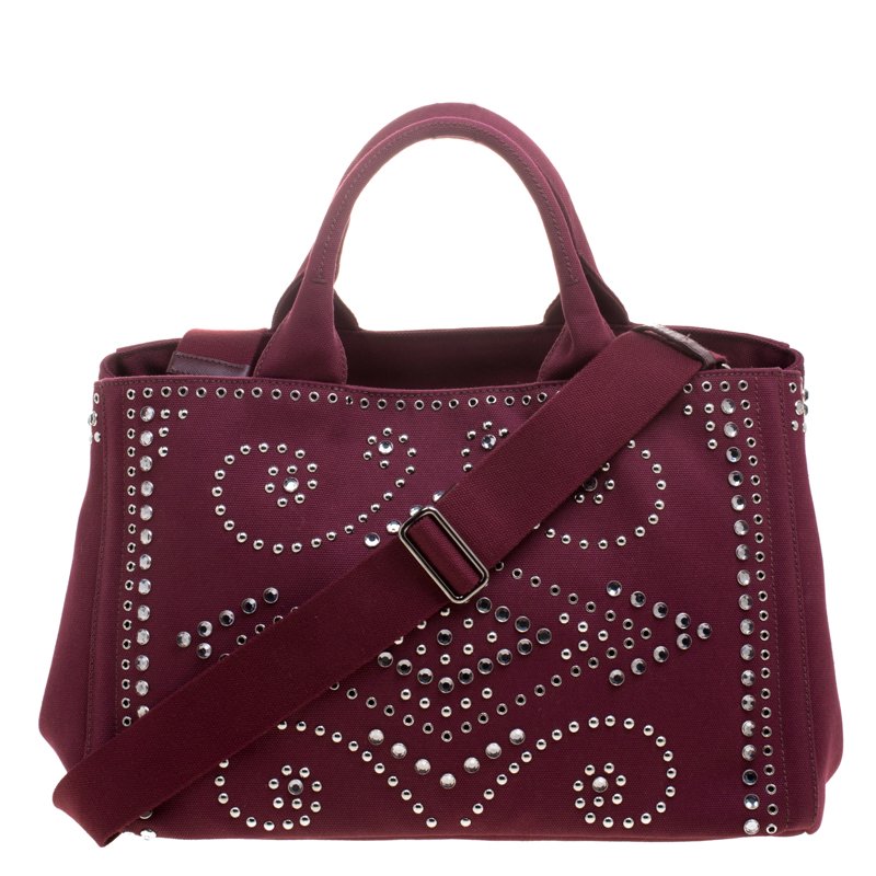 Pre Owned Prada Burgundy Canvas Studded and Crystal Gardener's Tote