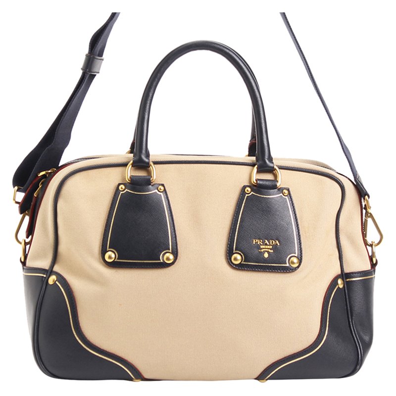 Pre Owned Prada Bicolor Canvas and Leather Trim Bowler Bag