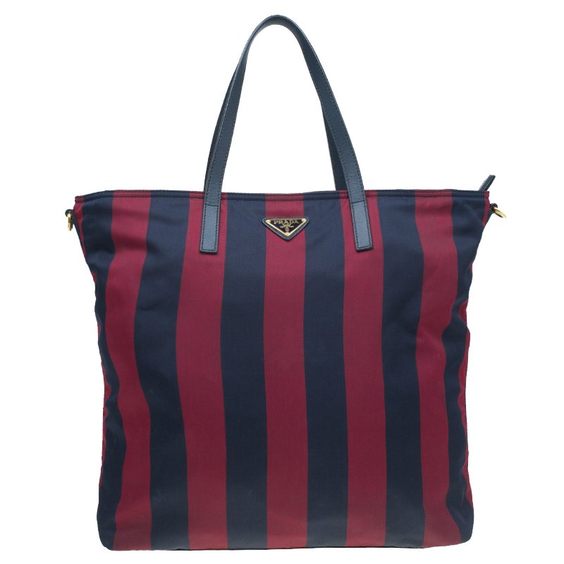 مملوكة مسبقًا Prada Bicolor Stripped Nylon Shopping Tote