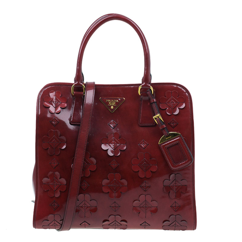 Pre Owned Prada Red Patent Leather Floral Framed Top Handle Bag