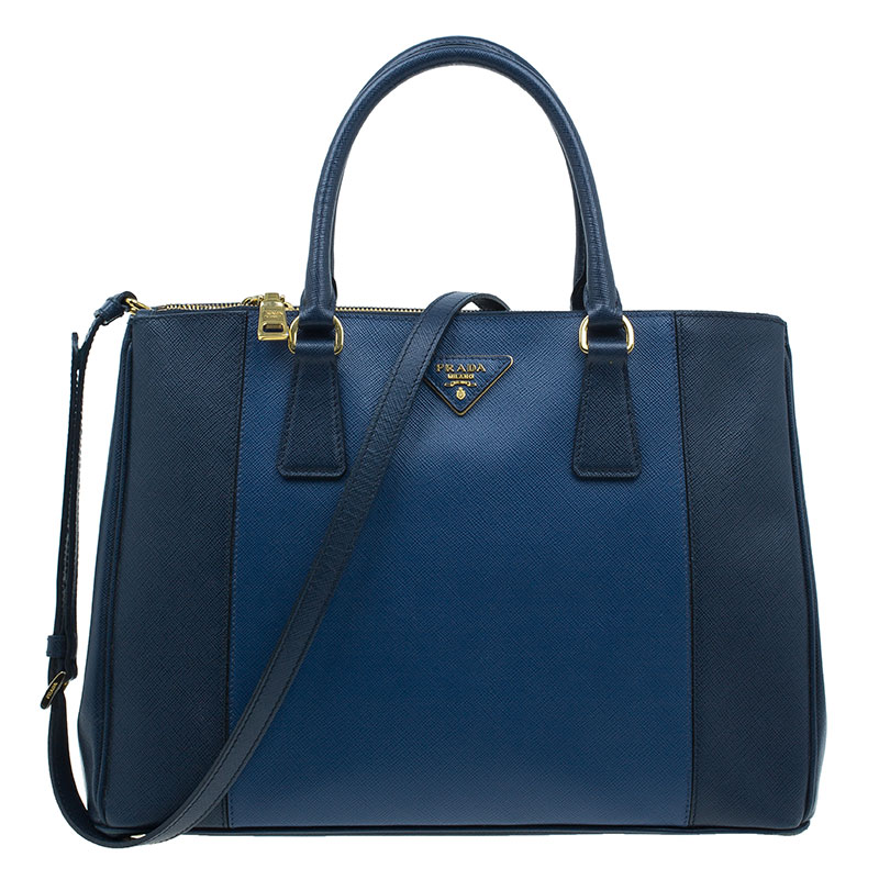 حقيبة برادا جلد سافيانو أزرق ثنائي اللون لوكس بسحاب مزدوج كبيرة