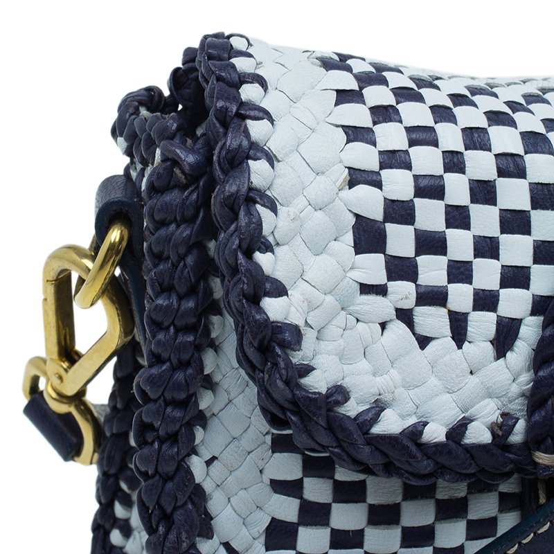 PRADA Red White Check MADRAS Clutch Hand Woven Leather Bag Gold