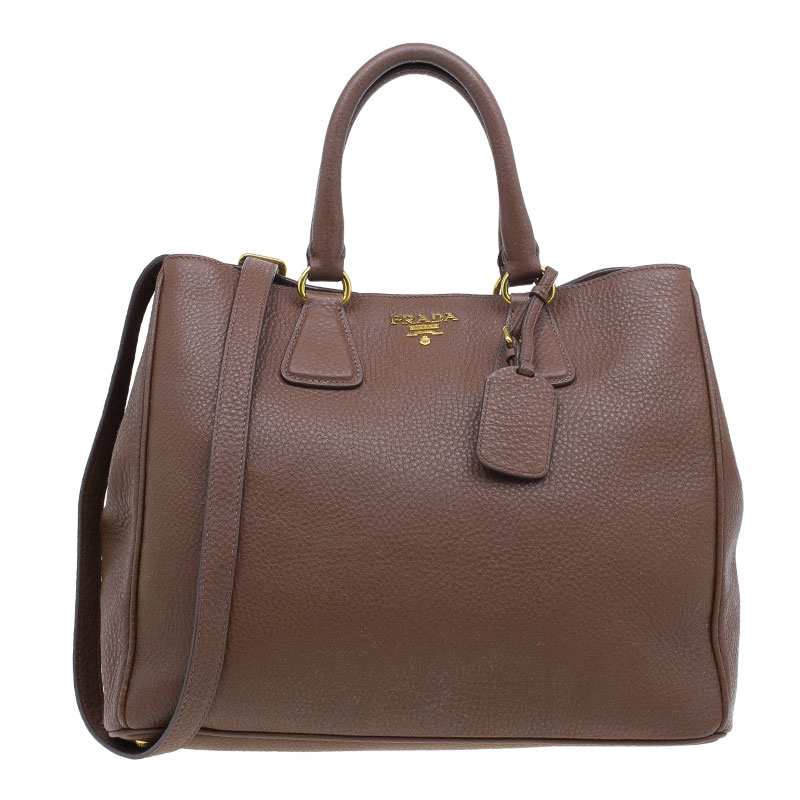 Pre Owned Prada Brown Vitello Daino Leather Shopper Tote