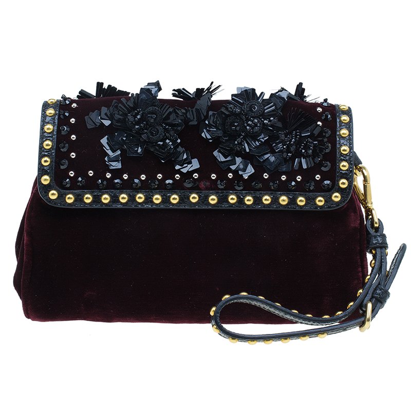 Prada Burgundy Bordeaux Velvet Studded Sequins Clutch