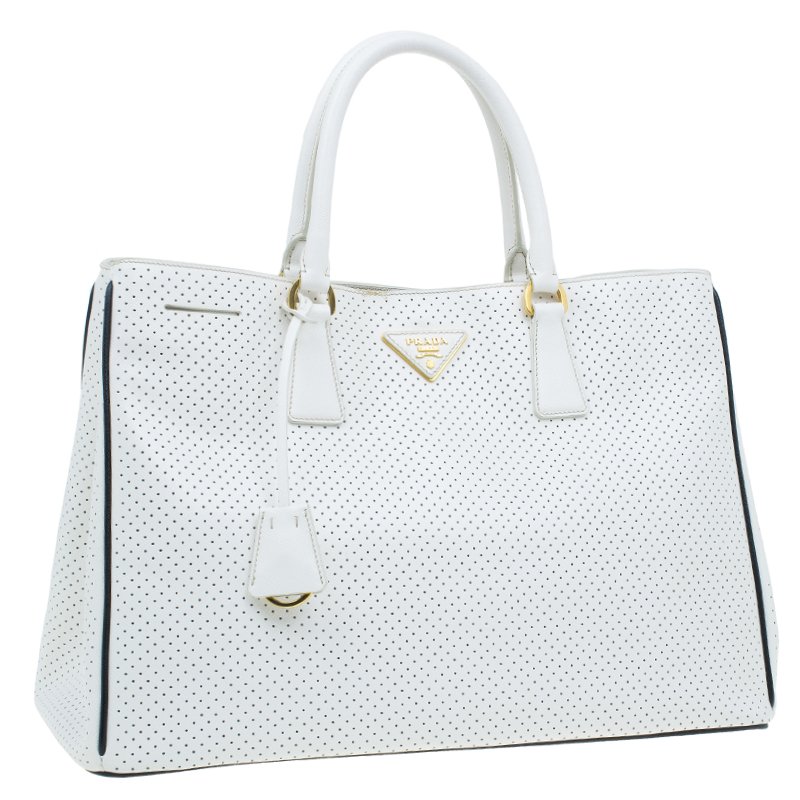 Prada White Saffiano Lux Medium Saffiano Greca Paradigm Tote at 1stDibs