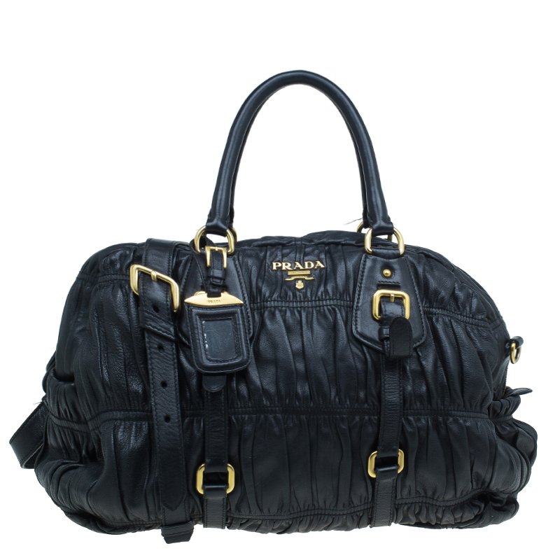 Pre Owned Prada Black Nappa Leather Gauffre Ruched Shopping Tote