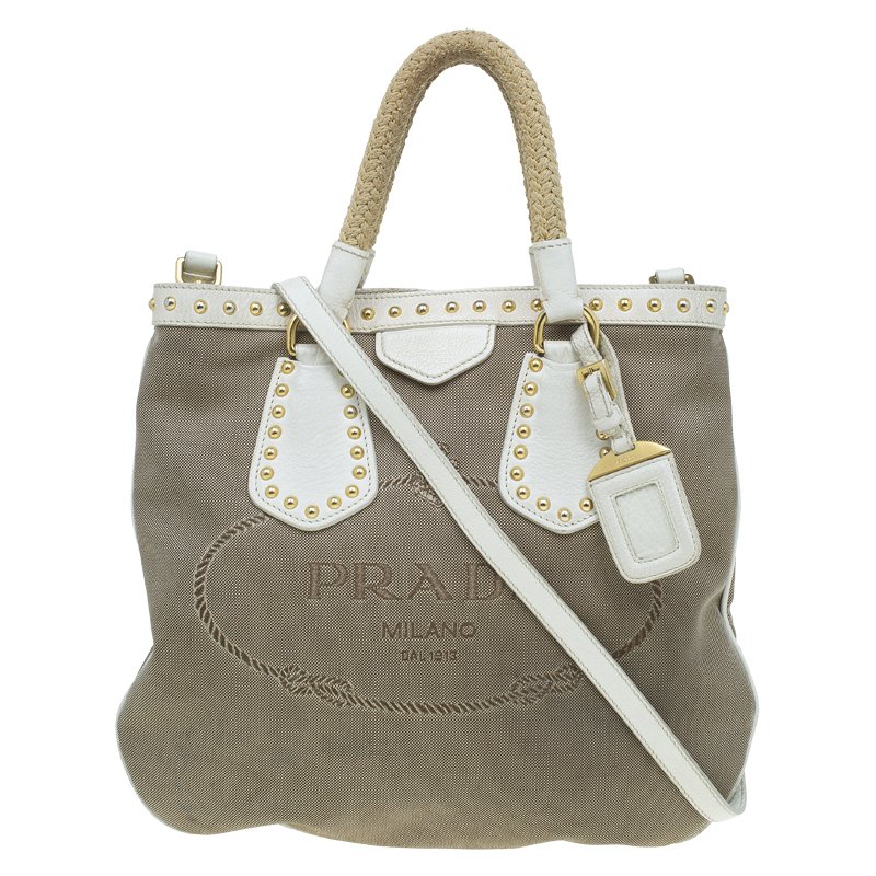 Pre Owned Prada White/Beige  Canvas Jacquard Logo Studded Top Handle Bag