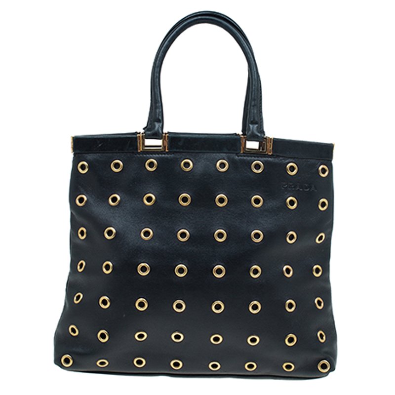 Pre Owned Prada Black Lambskin Grommet Tote