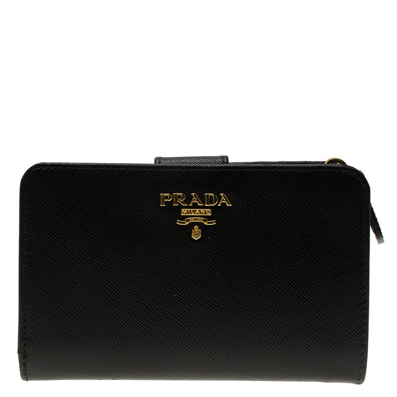 Pre Owned Prada Black Saffiano Leather Zip Around Compact Wallet