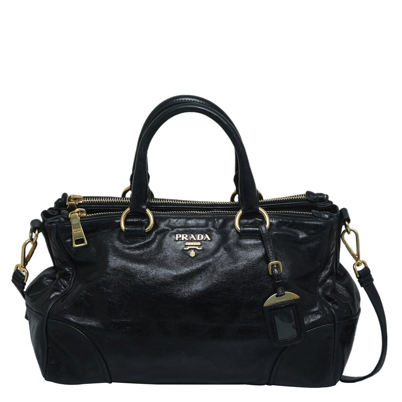 Pre Owned Prada Black Glazed Leather Double Zip Top Handle Bag