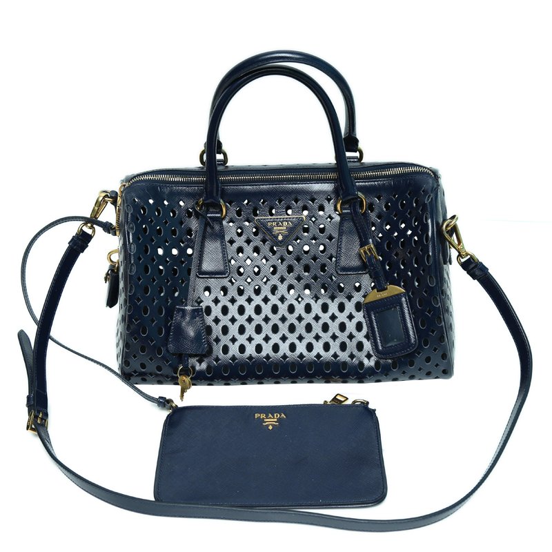 Pre Owned Prada Navy Blue Perforated Saffiano Leather Bauletto Satchel