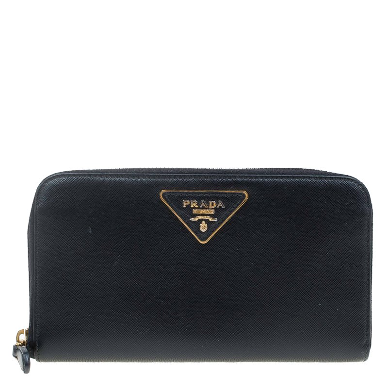 Pre Owned Prada Black Saffiano Leather Zip Around Wallet