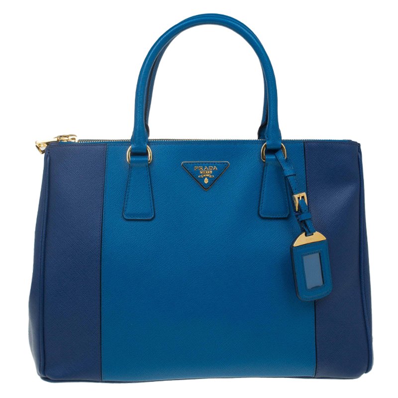 Pre Owned Prada Blue Bicolor Saffiano Lux Leather Medium Double Zip Tote
