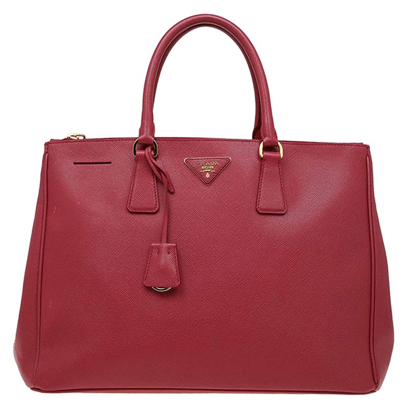 Pre Owned Prada Red Saffiano Lux Leather Large Double Zip Tote