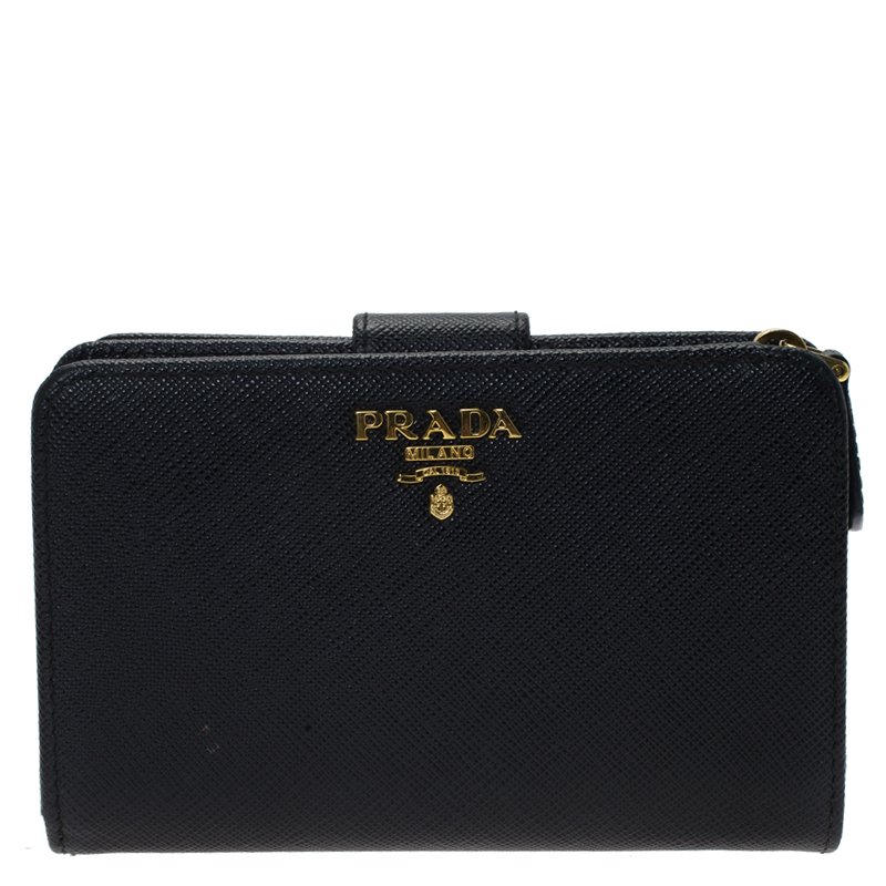 Pre Owned Prada Black Saffiano Leather Zip Around Compact Wallet