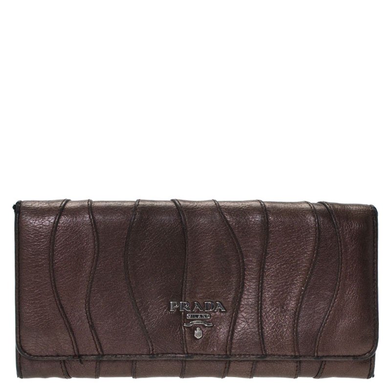 Pre Owned Prada Metallic Brown Wave Leather Flap Continental Wallet