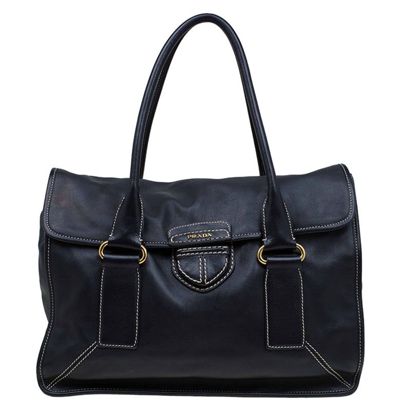 Pre Owned Prada Black Leather Pattina Shopping Tote