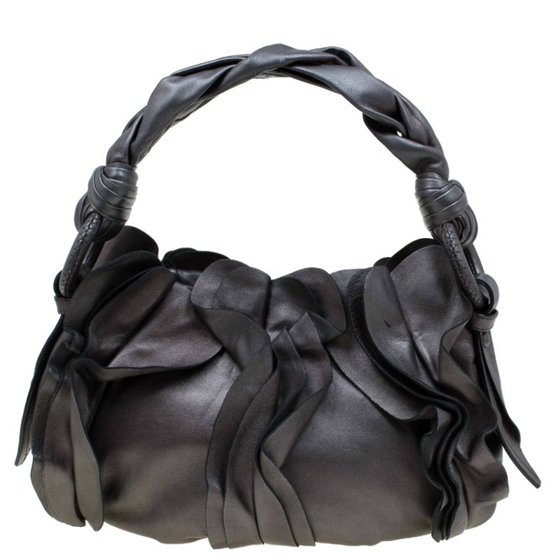 Pre Owned Prada Metallic Grey Leather Small Ruffle Hobo