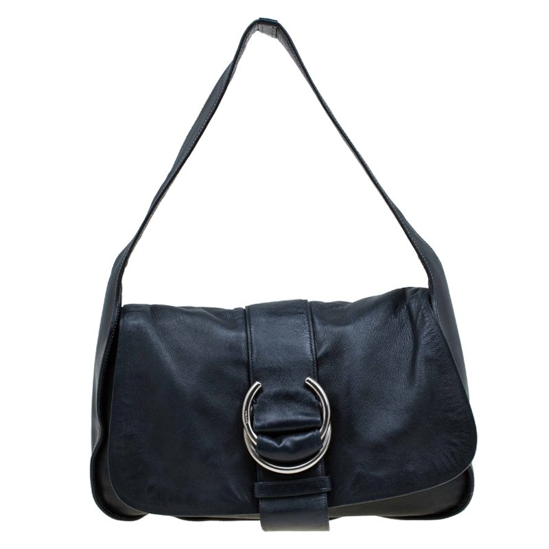 Pre Owned Prada Black Leather Flap Shoulder Bag