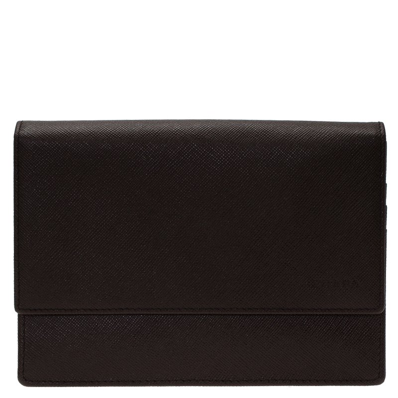 Pre Owned Prada Brown Saffiano Leather Flap Wallet