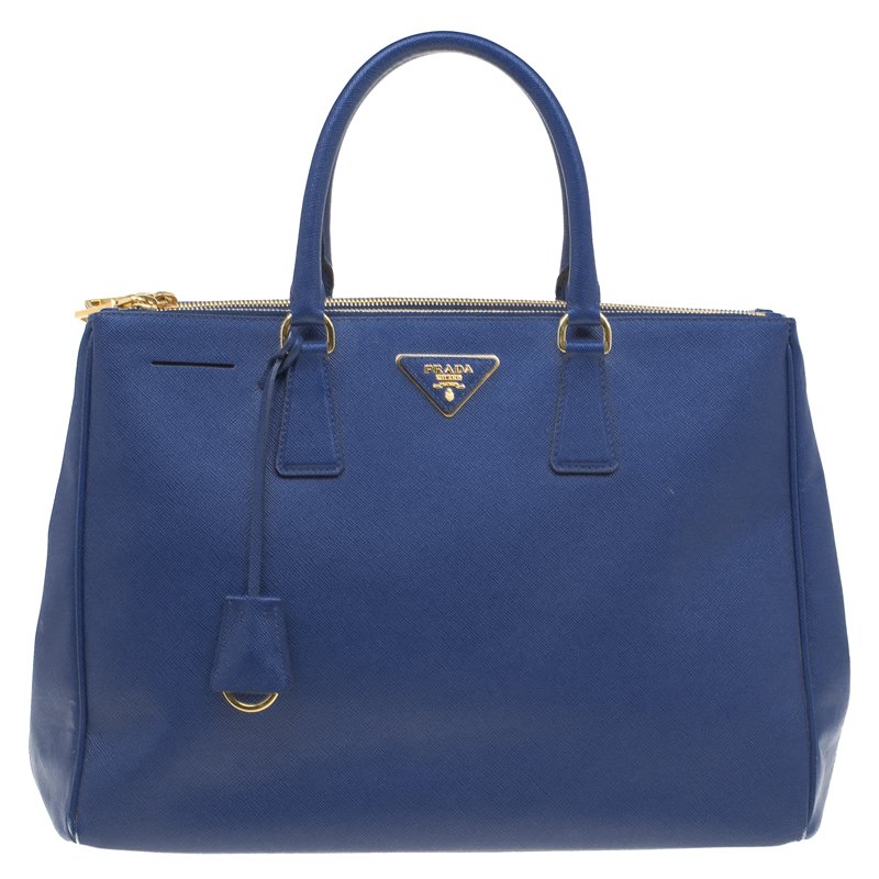 Pre Owned Prada Blue Saffiano Lux Leather Large Double Zip Tote
