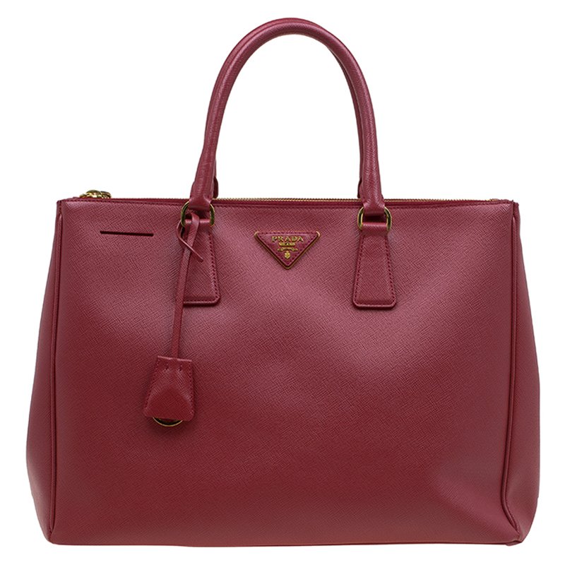 Pre Owned Prada Red Saffiano Lux Leather Large Double Zip Tote