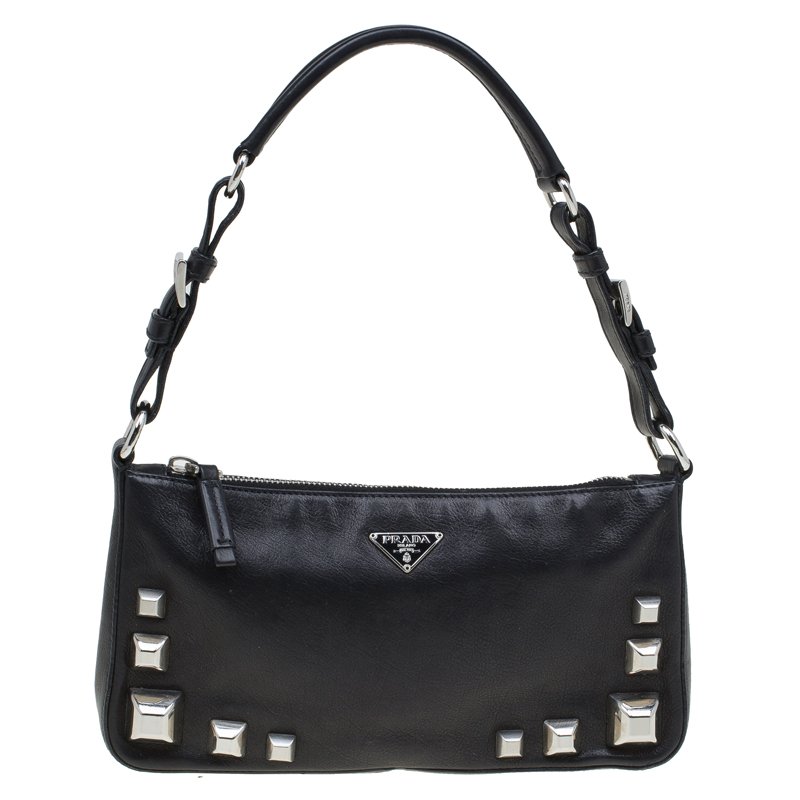Pre Owned Prada Black Leather Studded Shoulder Bag