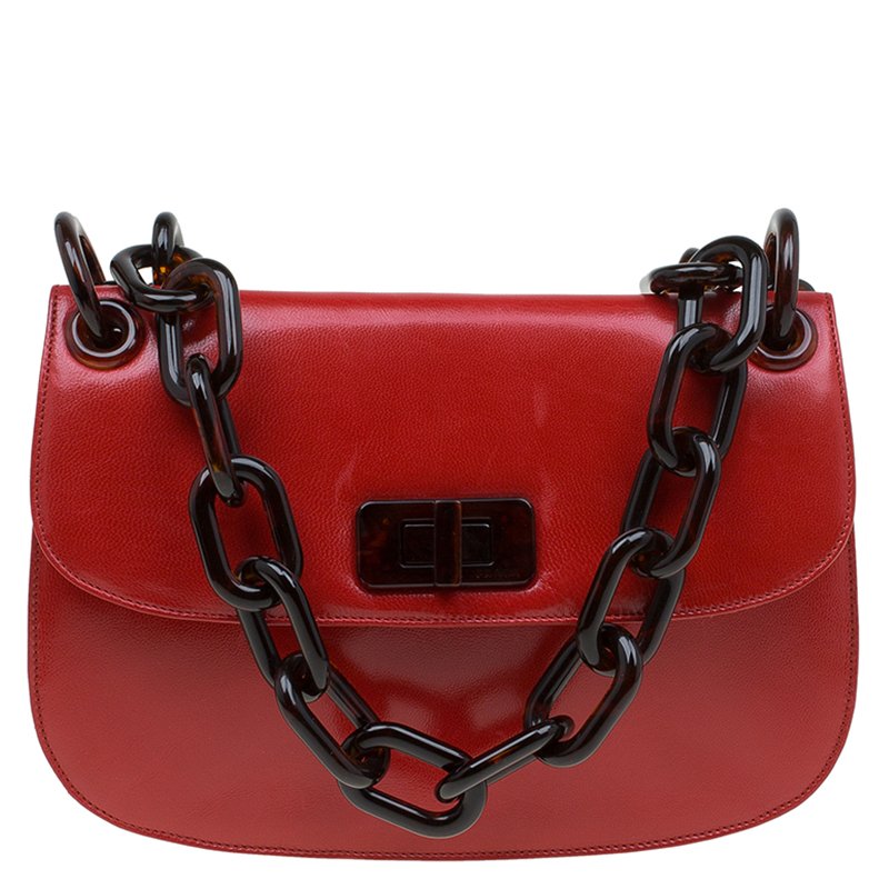Pre Owned Prada Red Leather Madras Shoulder Bag