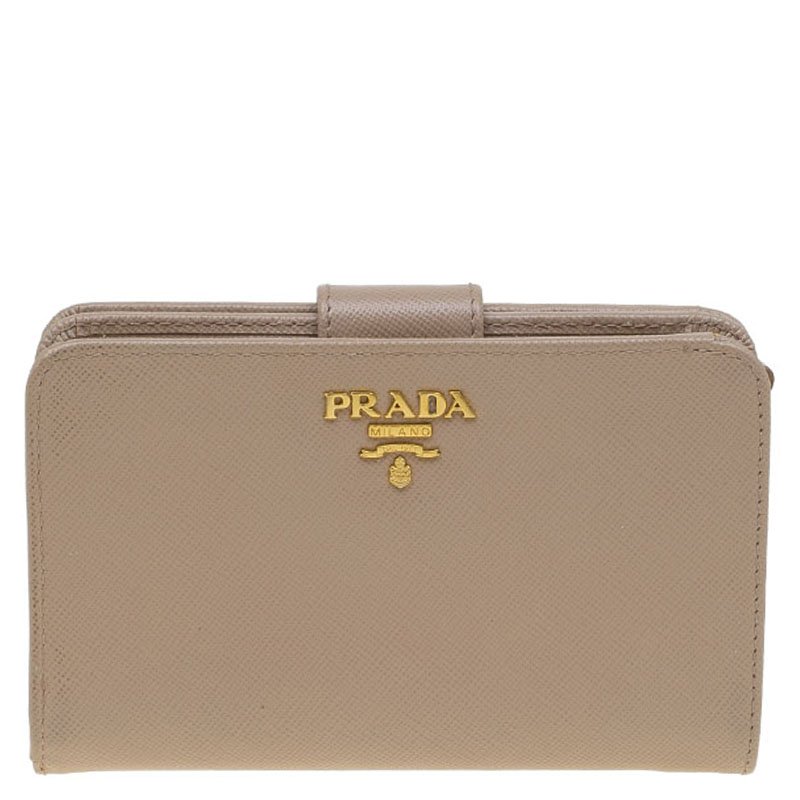 Pre Owned Prada Latte Saffiano Leather Zip Around Compact Wallet