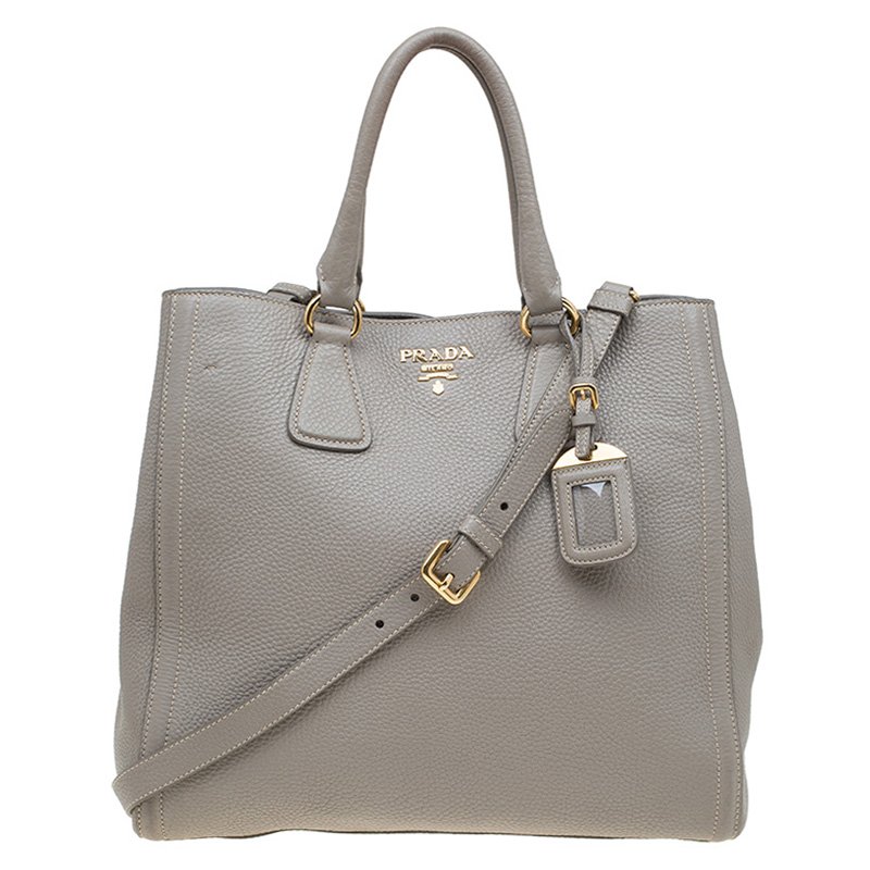 Pre Owned Prada Grey Vitello Daino Leather Shopper Tote