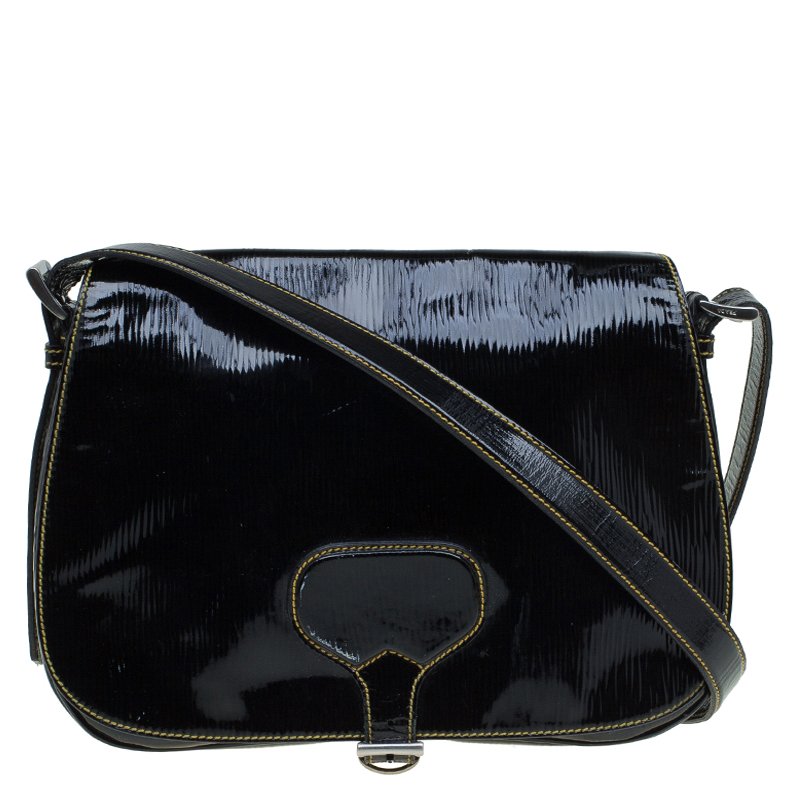 Pre Owned Prada Black Patent Leather Flap Crossbody Bag