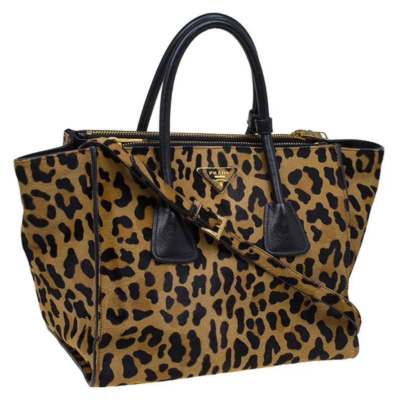 Prada Leopard print brown beige calf hair tote bag.Comes with a