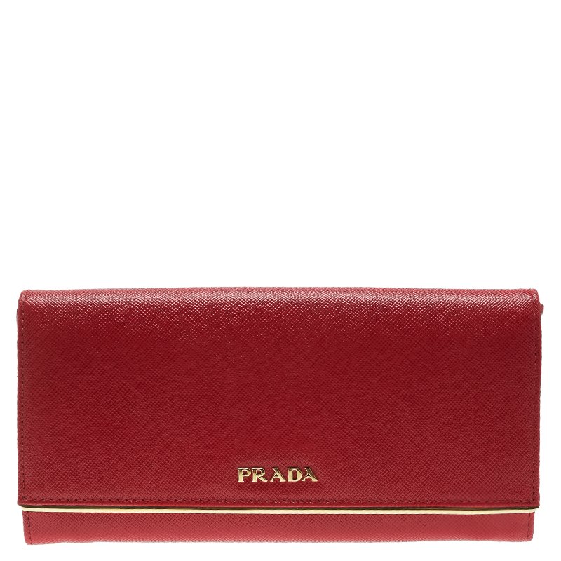 Pre Owned Prada Red Saffiano Metal Leather Detail Organizer Wallet