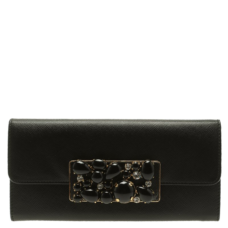 Pre Owned Prada Black Saffiano Fiocco Leather Jewel Embellished Continental Wallet