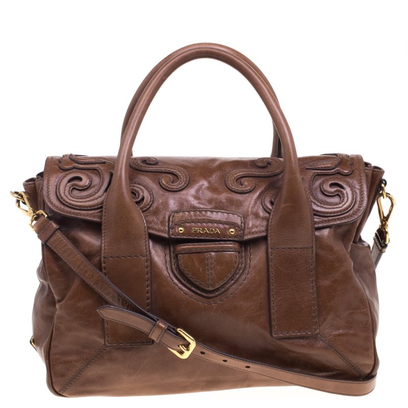 Pre Owned Prada Brown Glazed Leather Top Handle Bag