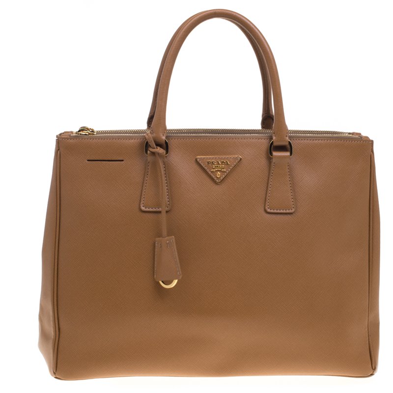 Pre Owned Prada Brown Saffiano Lux Leather Large Double Zip Tote