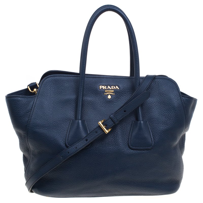 Pre Owned Prada Navy Blue Vitello Daino Leather Tote