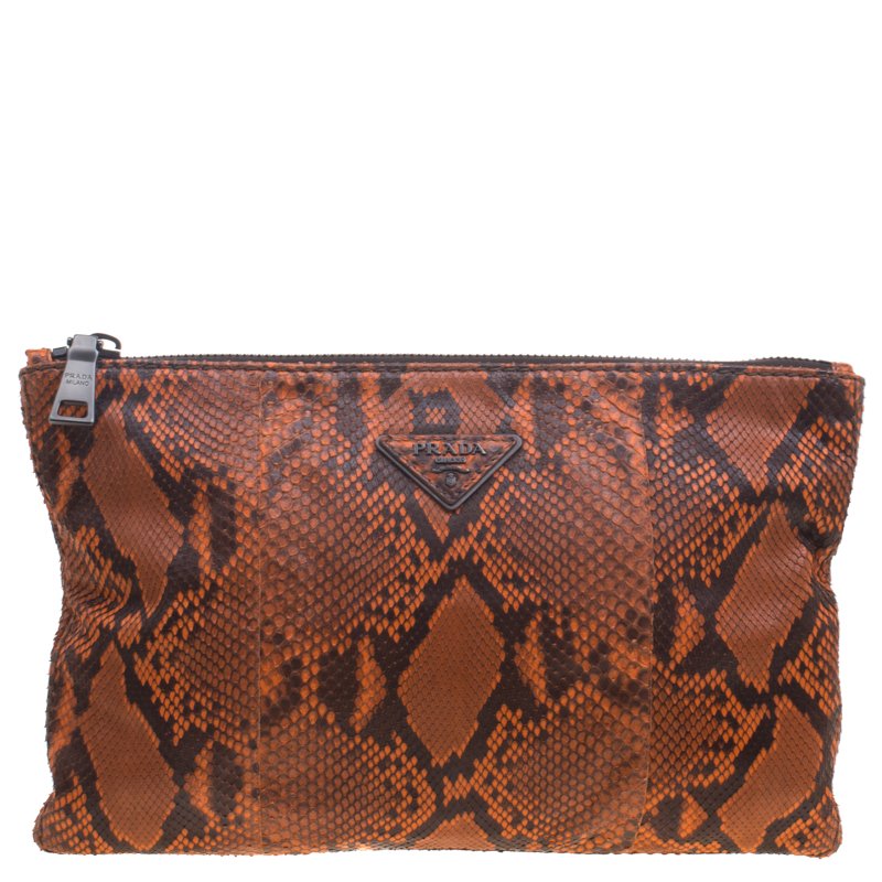 Pre Owned Prada Orange Python Flat Zip Clutch