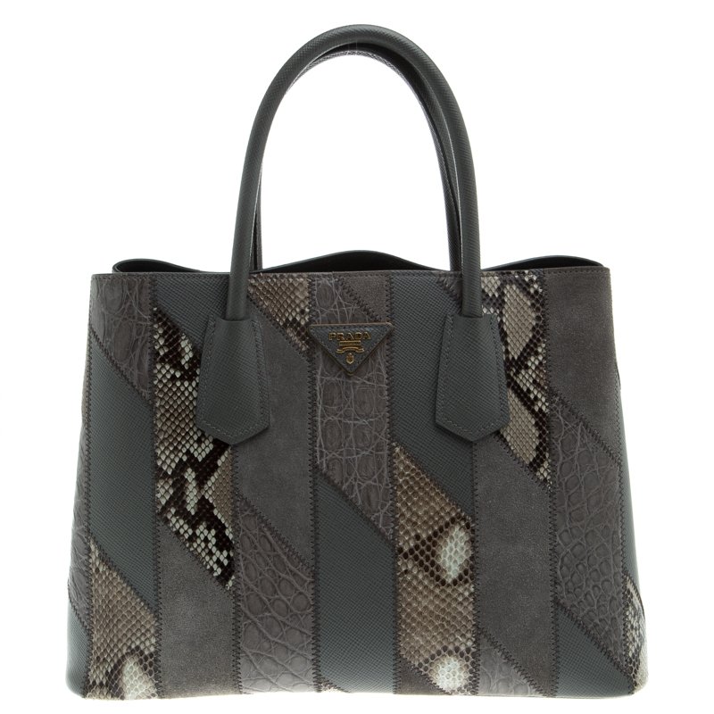 Pre Owned Prada Grey Exotic Skin and Leather Patchwork Double Handle Tote