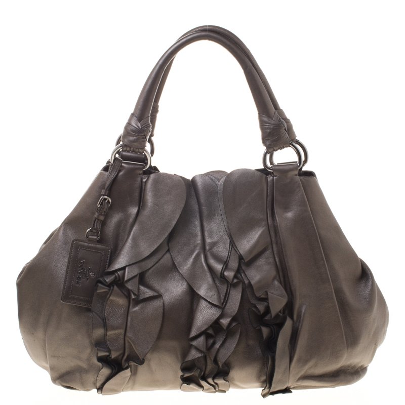 Pre Owned Prada Metallic Grey Nappa Leather Ruffle Hobo