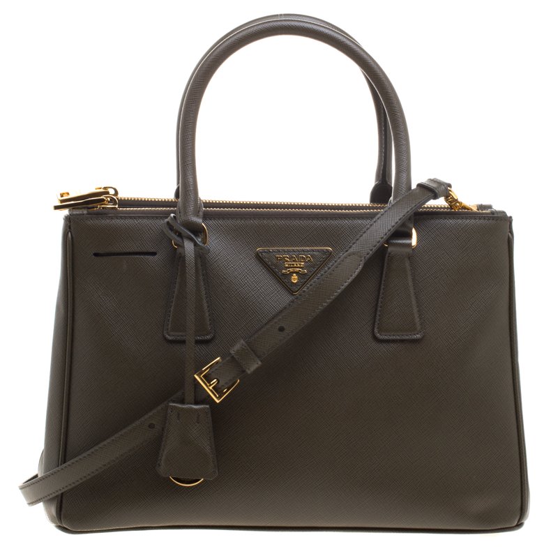 Pre Owned Prada Fatigue Green Saffiano Lux Leather Double Zip Tote
