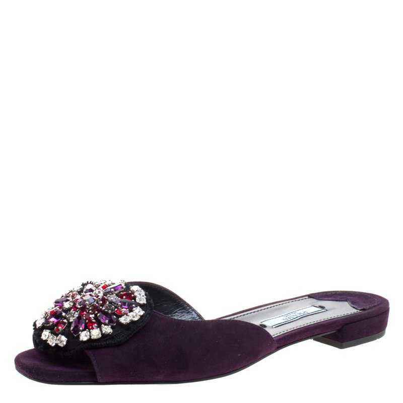 Pre Owned Prada Purple Crystal Embellished Suede Flat Slides Size 37.5