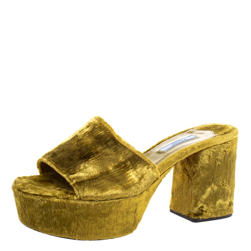 Prada Gold Velvet Block Heel Mules Size 
